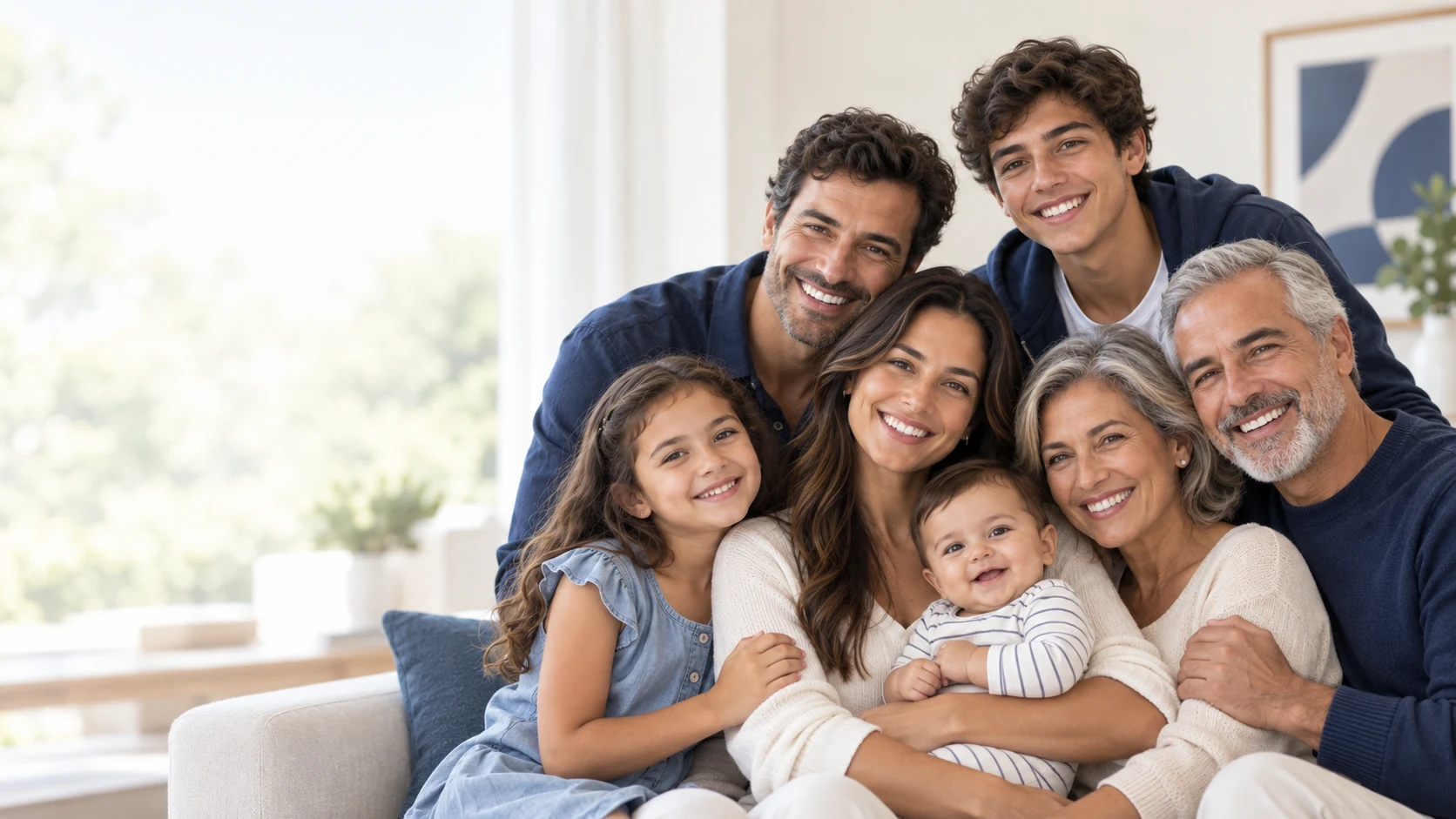 Família multigeracional representando diferentes fases da vida
