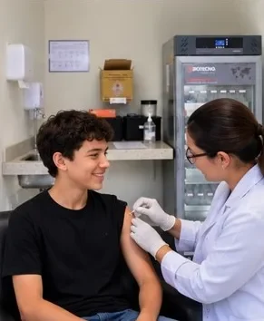 Adolescente durante atendimento de vacinação com uma profissional