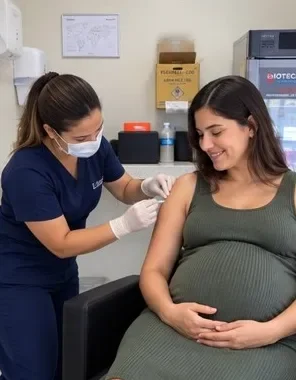 Gestante sorrindo durante atendimento de vacinação na sala da clínica