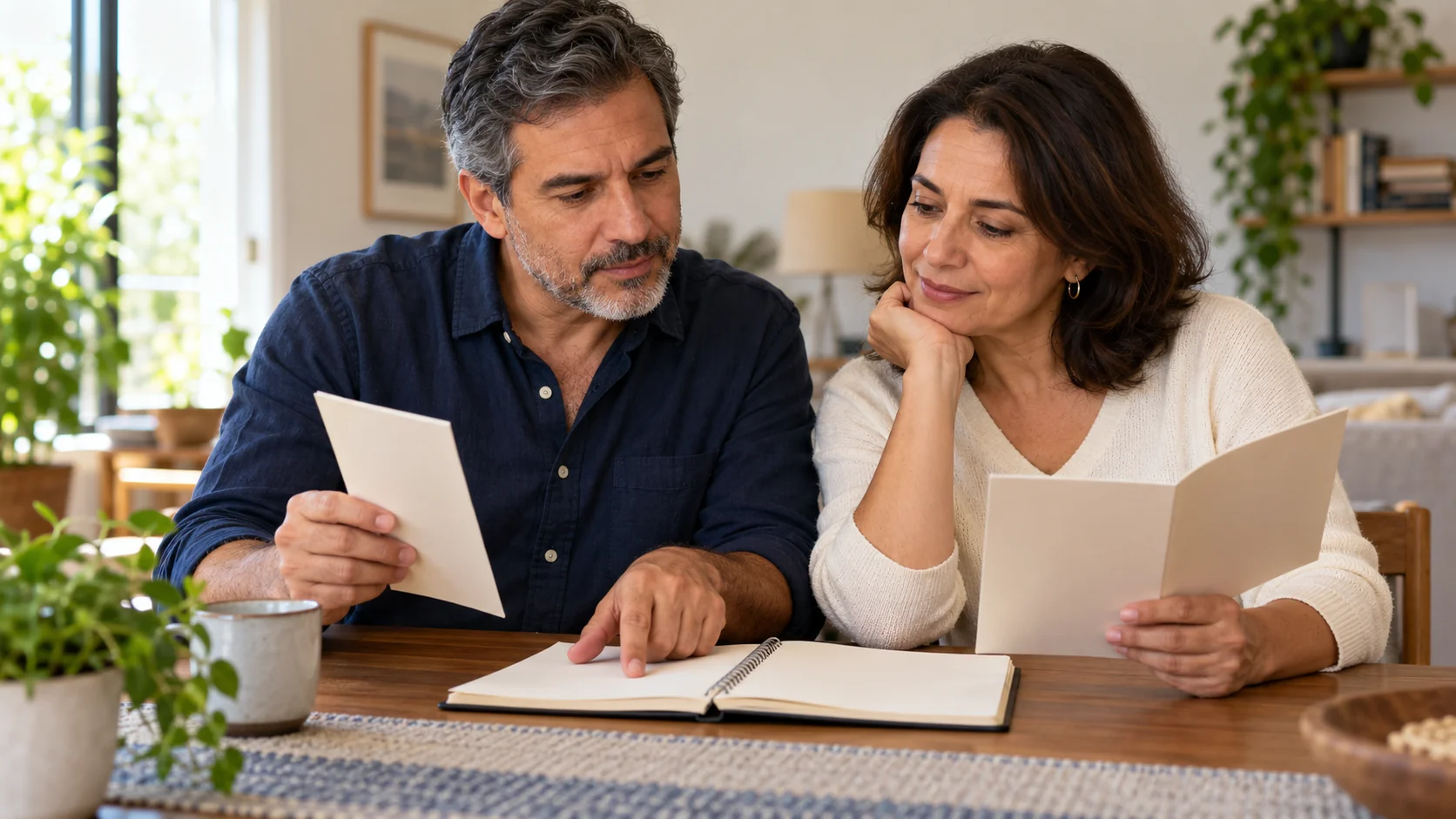 Dois adultos consultando folhetos e um caderno em casa
