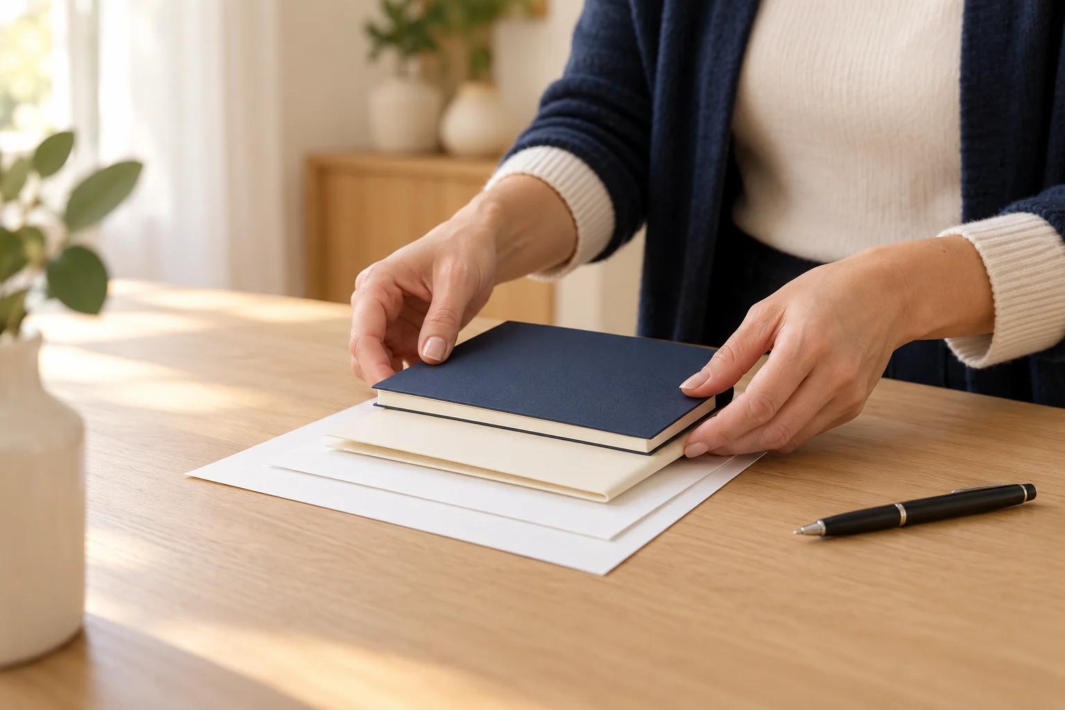 Mãos de uma adulta organizando um caderno e papéis sem identificação