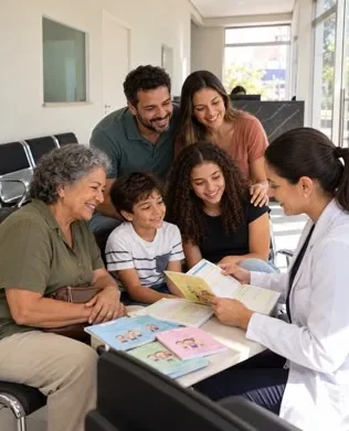 Família de três gerações sentada com uma profissional que revisa as cadernetas