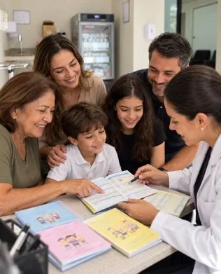 Família de diferentes idades revisando várias cadernetas com uma profissional