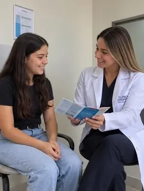 Adolescente conversando com uma profissional de saúde que mostra um folheto