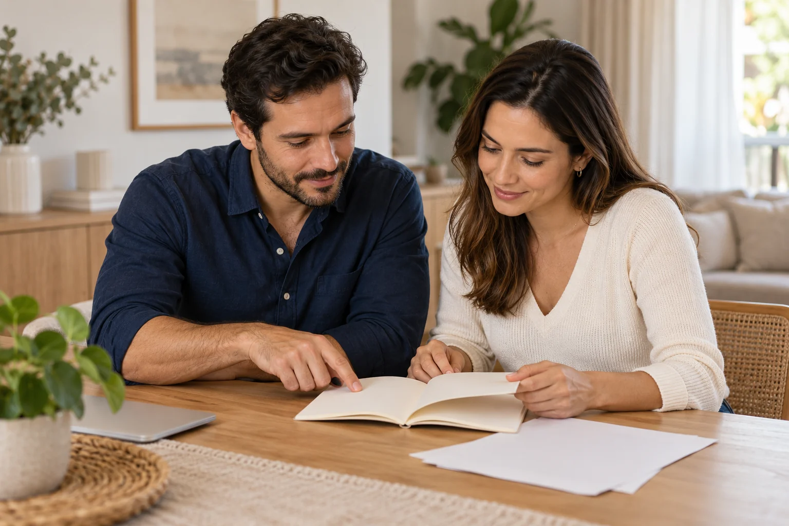 Dois adultos organizando um caderno e papéis em uma mesa