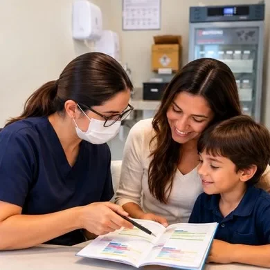 Profissional revisando a caderneta de vacinação com uma mãe e o filho
